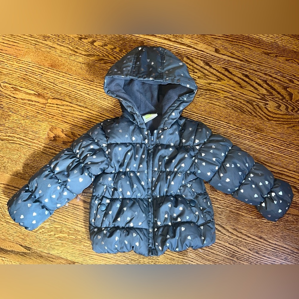 Crazy 8 Dark Grey Puffer Coat w/ Silver Metallic Heart Print size 2T NWOT